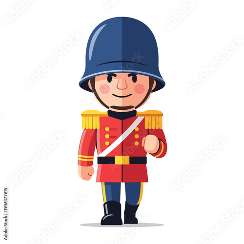Flat vector illustration of a happy cartoon soldier character marching with a blue helmet
