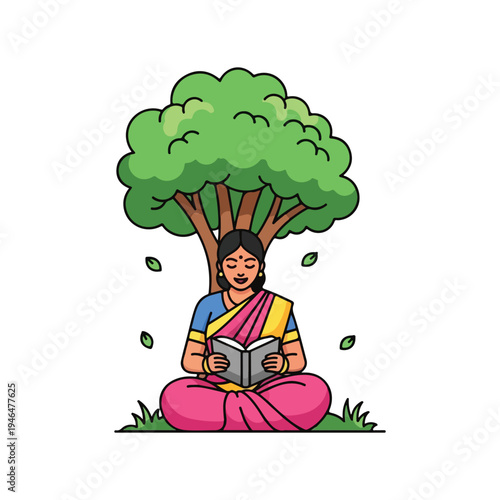 A woman in traditional clothing reads under a tree