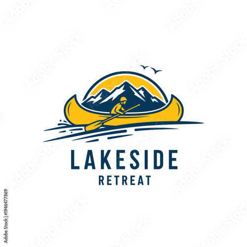 Lakeside Retreat Logo Depicting Canoeist on Water with Mountains and Birds.