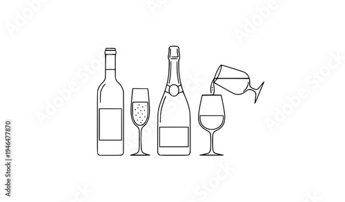 Minimal Outline Wine and Champagne Bottle and Glass Vector Collection for Winery and Bar Design