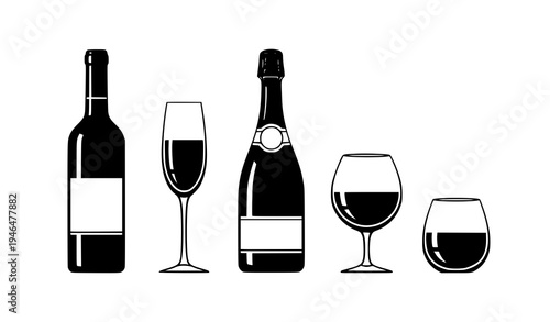 Wine and Champagne Bottle and Glass Vector Icon Set for Bar Menu and Beverage Branding