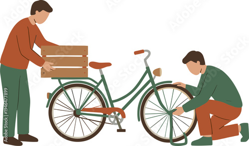 Two men are repairing and loading a bicycle with a wooden box in an urban setting outdoors.
