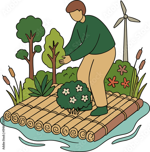 Man planting tree on a raft in the water near wind turbine and flowers