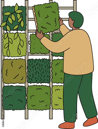 Illustration of a person installing a green wall panel on a modular vertical garden structure, promoting urban greenery and sustainable living