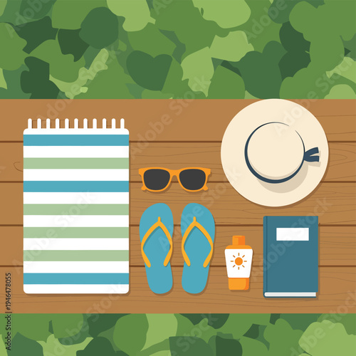 Summer Vacation Essentials Flat Lay on Wood Surface