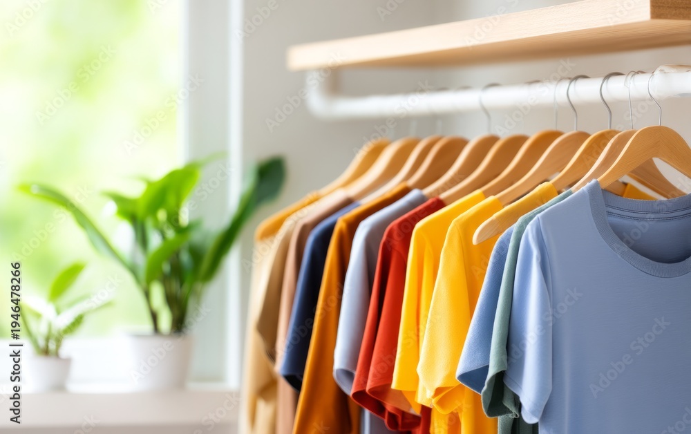 Obraz premium Bright and Tailored Clothing Display in Modern Workspace Environment