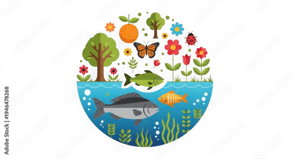 Fototapeta premium A vibrant illustration of a fish, butterfly, frog, and flowers in a natural ecosystem scene.