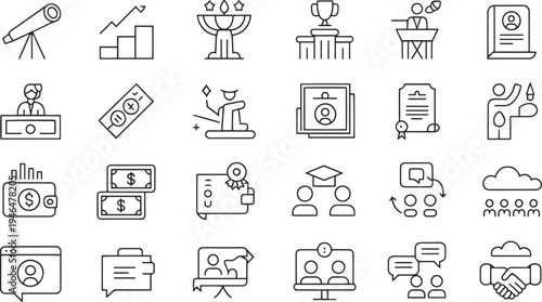 Collection of flat design vector icons representing various everyday objects and activities