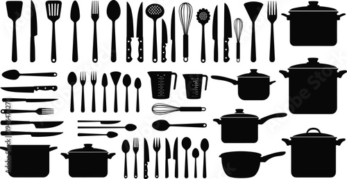 Kitchenware Tool Icon Set Featuring Cooking Pots Pans Cutlery Knives Spatula Whisk Measuring Cup and Utensils Silhouette Vector Illustration Collection Assets