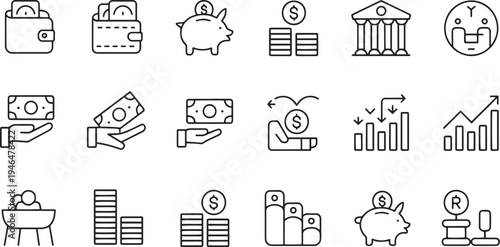 Collection of hand drawn financial and business icons isolated on transparent background