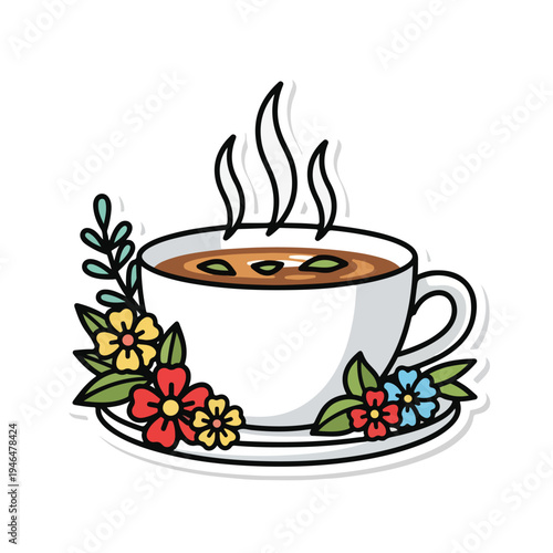 A steaming cup of coffee on a saucer with flowers
