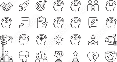 Collection of hand drawn flat design icons representing various activities and concepts isolated on transparent background