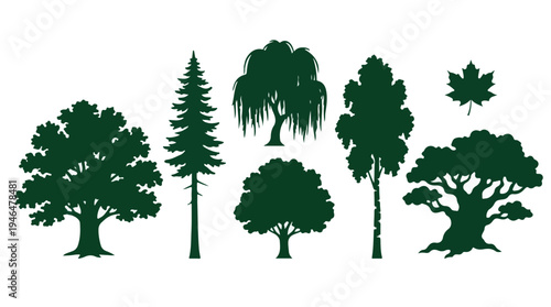 Diverse Tree Silhouettes and Leaf Icon Set for Nature Design Elements