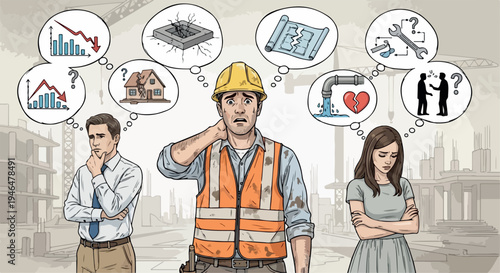 Worried construction worker in hard hat and safety vest surrounded by thought bubbles depicting various business and personal problems, with a pensive man and sad woman on a construction site