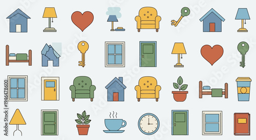 Colorful home and furniture icons set.