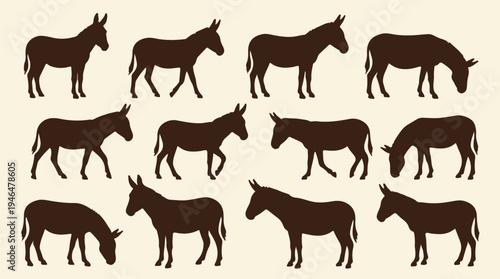 Various donkey silhouettes in a seamless pattern. Animal vector art.