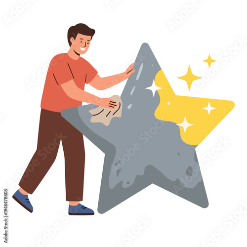 Man polishing large star with cloth indoors closely