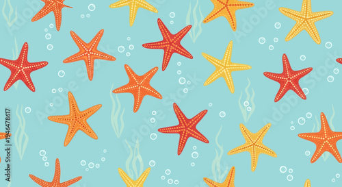 Colorful starfish on blue background.