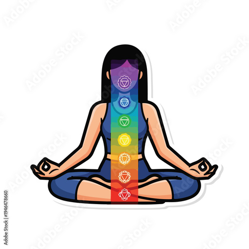 A woman meditates with a rainbow-colored chakra
