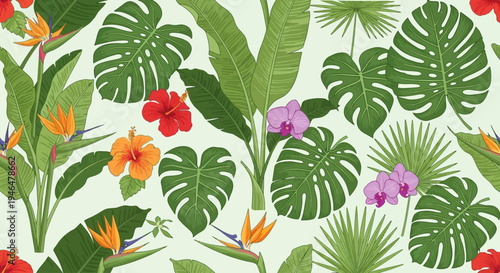 Tropical leaves and colorful flowers pattern.