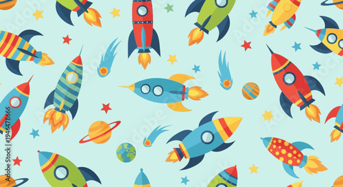 Colorful cartoon rockets in flight.