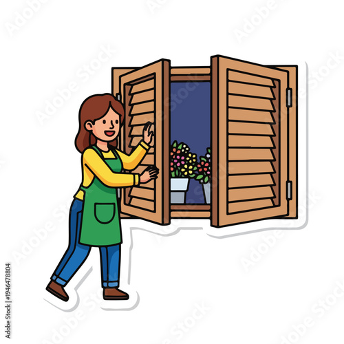 A woman opening shutters to reveal flowers