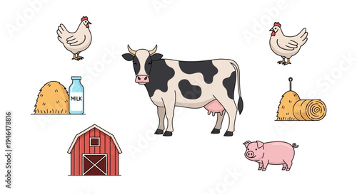 Cow standing in farm scene outdoors.