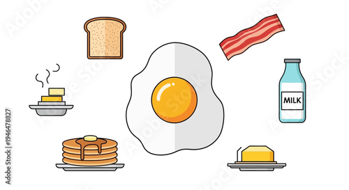 Fried egg with breakfast foods around.