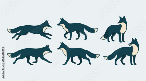 Collection of stylized fox illustrations in various poses and actions