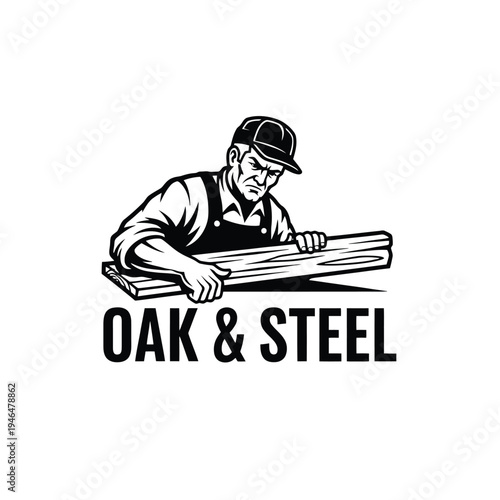 Oak and Steel logo featuring a focused carpenter working with wood planks.