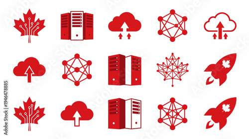 Canadian technology and innovation icons including maple leaves, servers, cloud uploads, networks, and rockets