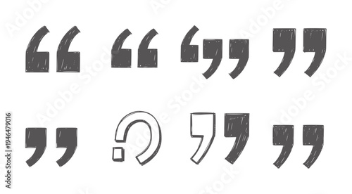 Collection of hand drawn quotation marks and question mark quote punctuation symbol