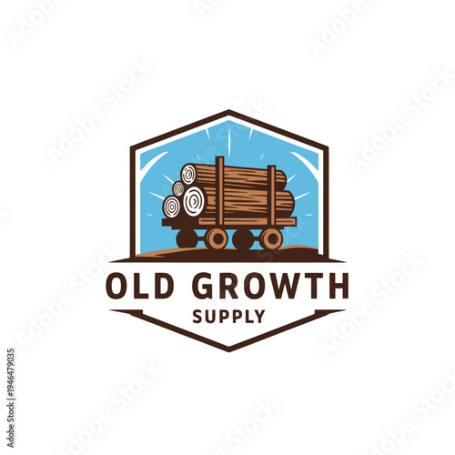 Old Growth Supply logo featuring a wooden cart carrying logs, a symbol of the lumber industry.