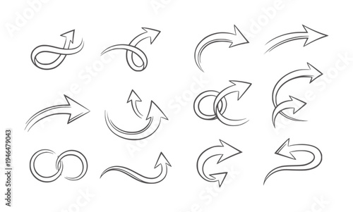 Collection of hand drawn sketchy arrow in various directions and styles arrows