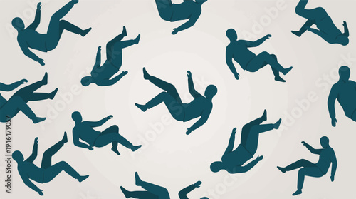 Graphic illustration of numerous human figures falling or floating in space