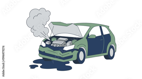 Car breakdown with smoke from engine and fluid leak, illustration