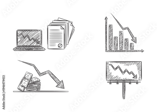 Hand drawn depicting financial decline and data analysis graph chart laptop money