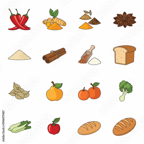 Food Ingredients and Spices Cartoon Set