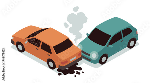 Isometric illustration of a car accident with two vehicles colliding