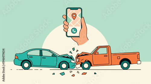 Car accident illustration with smartphone for emergency assistance