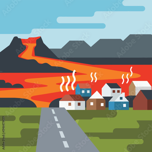 Volcano Eruption with Lava Flowing Through Town