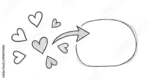 Hand drawn hearts and arrow pointing to a blank speech bubble love