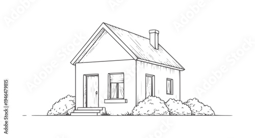 Hand drawn of a small house with a chimney and surrounding bushes building home architecture