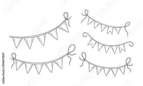 Hand drawn of festive bunting flags with ribbon bows string