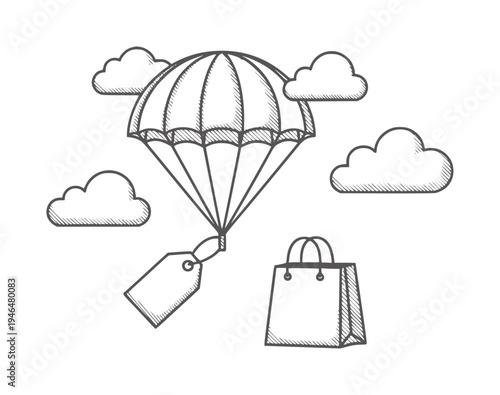 Parachute delivering shopping bag and price tag through clouds