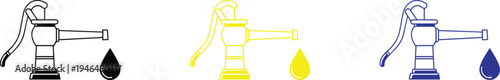  Manual water pump icons set with water drop for clean resource concept. Vintage hand pump vector symbols in black, yellow, and blue for rural plumbing, irrigation, and water supply sustainability.