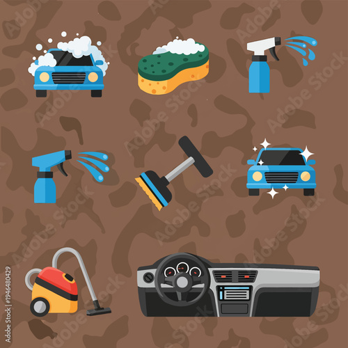 Car Wash and Detailing Flat Design Icon Set