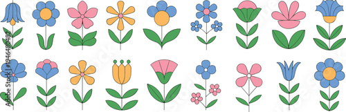 Cute Colorful Flower Icons Collection with Bellflower Daisy Tulip Poppy Blossom Wildflowers Leaves Stems Cartoon Flat Style Vector Set Illustration