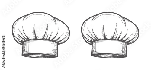 Two hand drawn chef hats in style cooking kitchen uniform