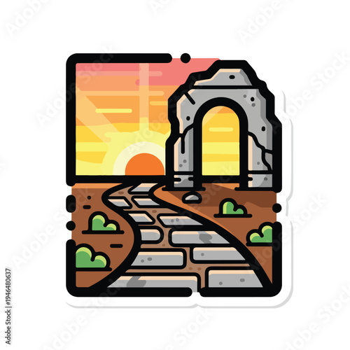 A stone pathway leads to an archway at sunset